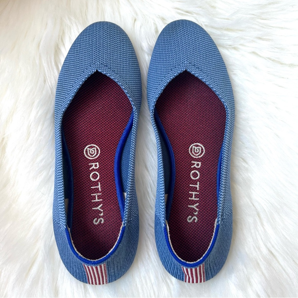 Rothy's Round Toe Flats Sz 8 Indigo Mini Stripe Retired Comfortable Classic Chic